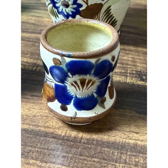 Tonala Mexican Folk Art Pottery Pitcher Decanter & 6 Shot Glasses Cups Bird - Picture 7 of 10